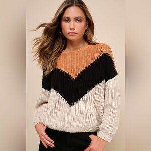 Lulus Tan Multi Chevron Stripe Knit Sweater - Size L